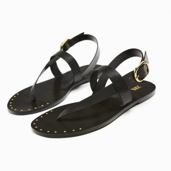 ZARA FLAT LEATHER SLIDER SANDALS WITH MICRO-STUDS BLACK SIZE 6.5 | 2620/110 - Picture 1 of 10